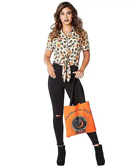 Spirit Halloween Adult Vintage Halloween Icon Tie Front Shirt And Tote Bag