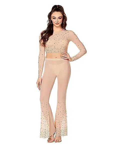 Spirit Halloween Beige Mesh Rhinestone Top And Pants Set