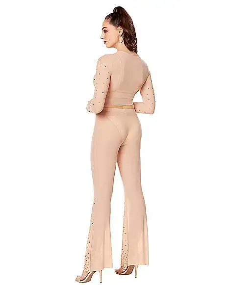 Spirit Halloween Beige Mesh Rhinestone Top And Pants Set - Image 2